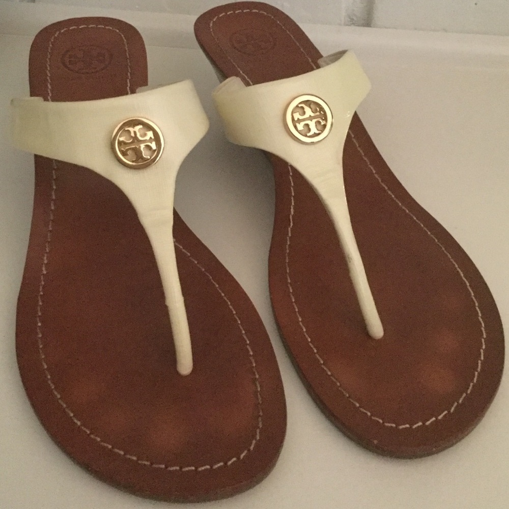 Tory Burch off white, thong wedge sandals 9.5